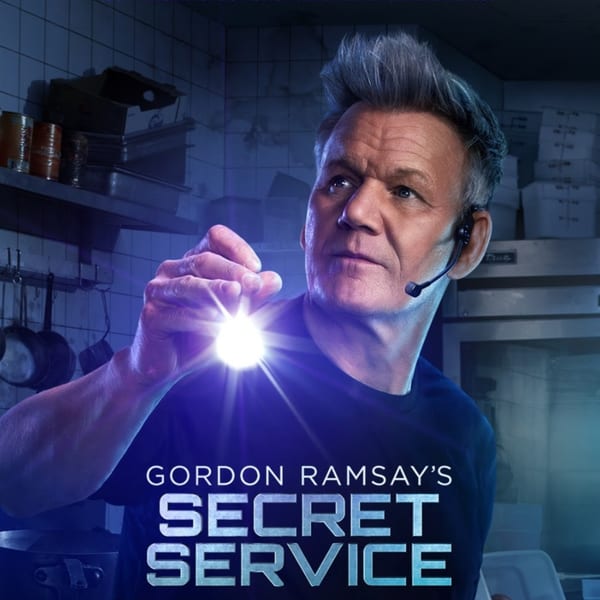 Gordon Ramsay in a dark kitchen, holding a flashlight, with "Gordon Ramsay's Secret Service" text.