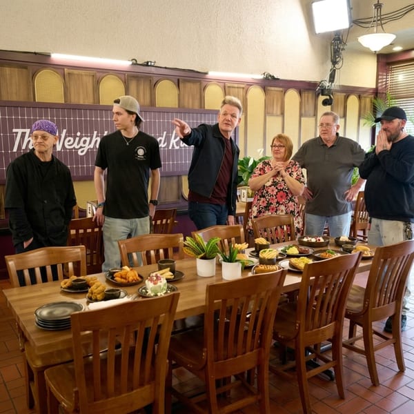 Gordon Ramsay points while standing with five people around a table laden with American dishes at The Neighborhood Kitchen.